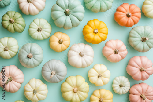 Flat Lay Pastel Color Pumpkins on Soft Blue Background