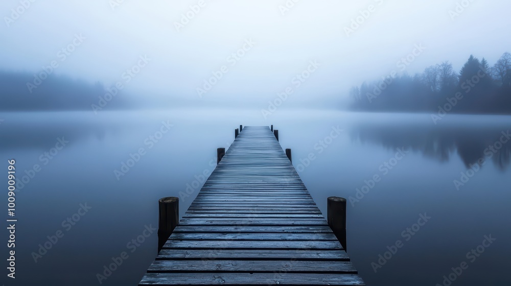 Serene misty pier extending into calm waters Serene misty pier extending into calm waters