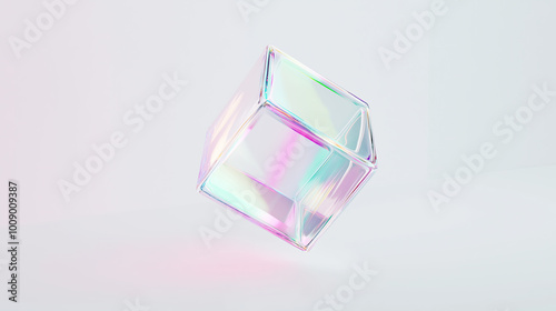 Holographic transparent multicolored cube on white background.Abstract geometric figure with a futuristic and minimalist aesthetic 