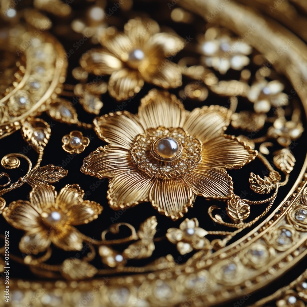 Golden Floral Design with Pearls Intricate Jewelry Detail Golden Floral Design with Pearls Intricate Jewelry Detail