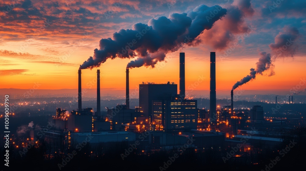 An industrial landscape featuring a power plant with noticeable smokestacks and cooling towers that are intended for background use and data integration. An industrial landscape featuring a power plant with noticeable smokestacks and cooling towers that are intended for background use and data integration.