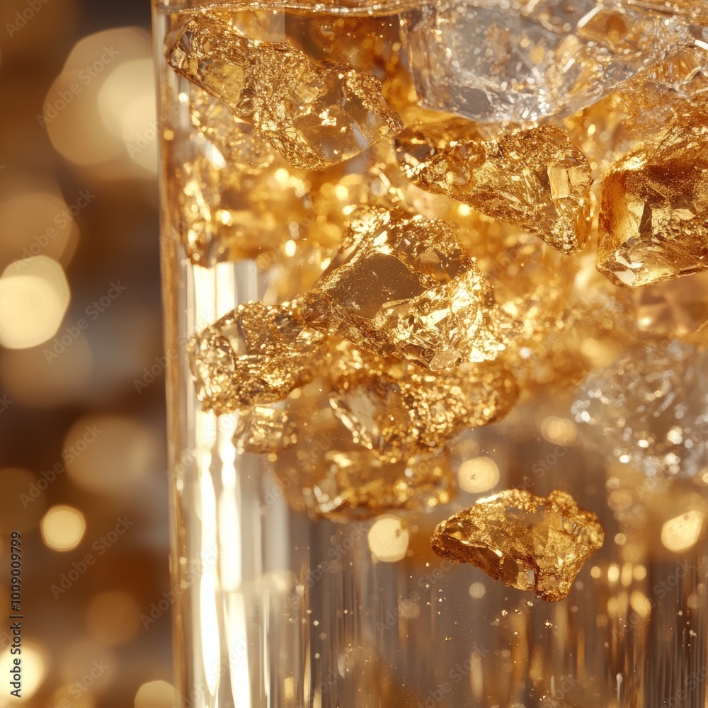 Golden Ice Cubes in Glass with Sparkling Background Golden Ice Cubes in Glass with Sparkling Background