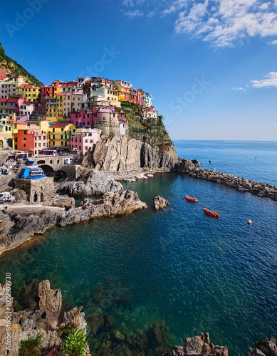 Colorful cliffside village overlooking serene sea with boats