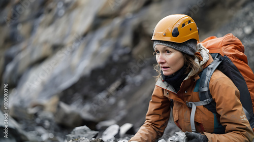 female geologist 35 inquisitive in the field with rock samples and geological equipment