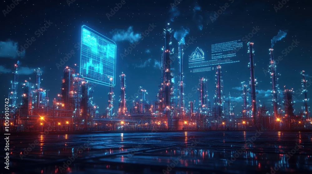 Fototapeta premium An oil and gas refinery featuring a power plant, storage tanks, and a holographic HUD that shows infrastructure information and price trends as a broad banner.