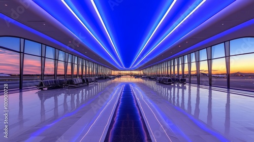 Modern Airport Concourse with Blue Lighting and Sunset Views