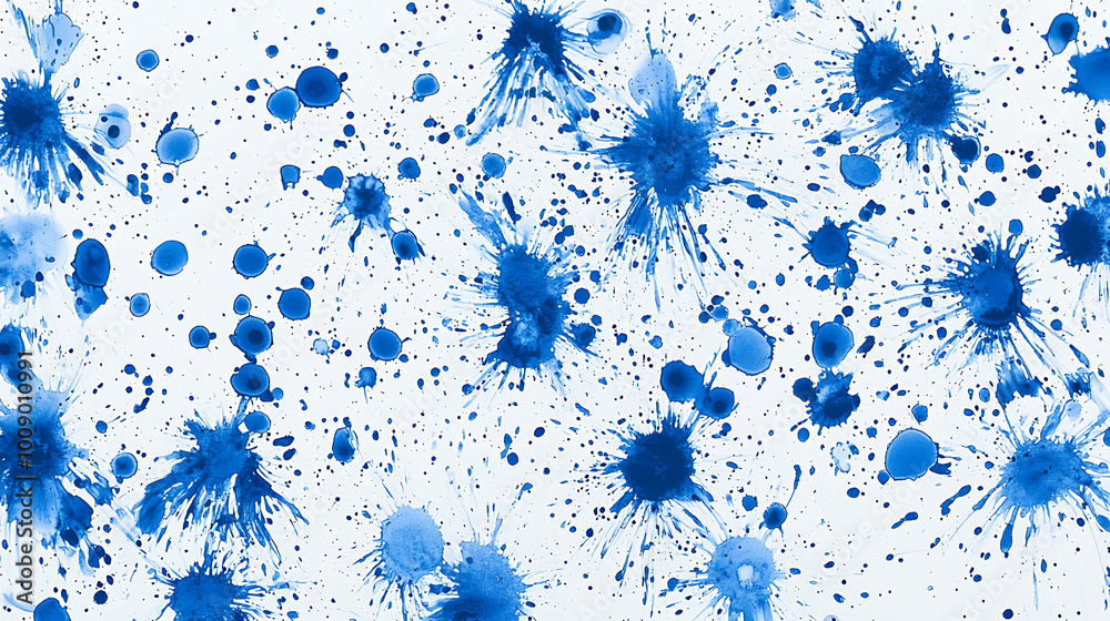Collection of small ink blue splats on full white background background Collection of small ink blue splats on full white background background