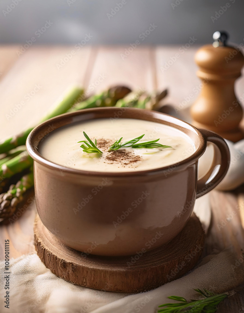 A creamy asparagus soup in a brown ceramic mug, garnished with dill and black pepper A creamy asparagus soup in a brown ceramic mug, garnished with dill and black pepper