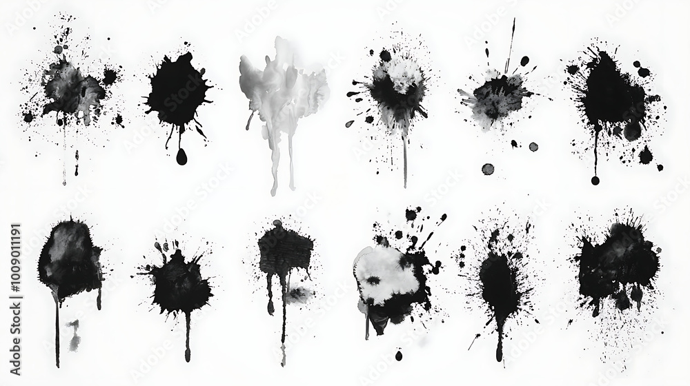 Fototapeta premium Collection of small black ink splats on full white background background