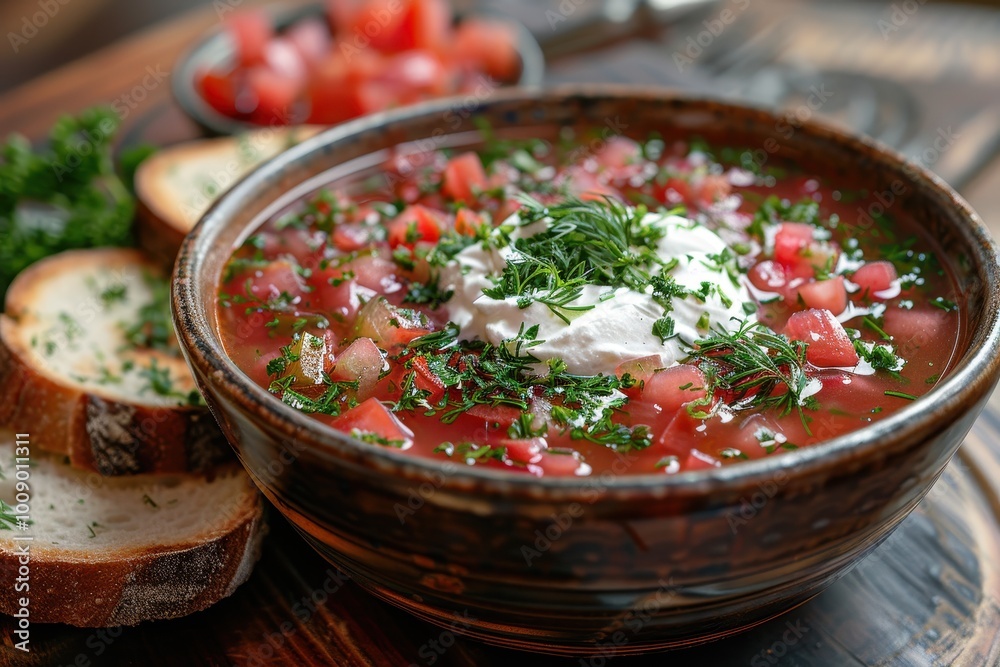 A bowl of traditional borscht, garnished with a dollop of sour cream and fresh dill, served with a side of rye bread A bowl of traditional borscht, garnished with a dollop of sour cream and fresh dill, served with a side of rye bread