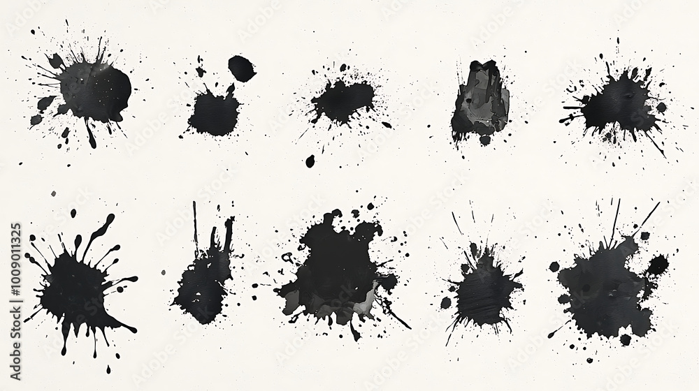 Collection of small black ink splats on full white background background