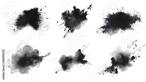 Collection of small black ink splats on full white background background