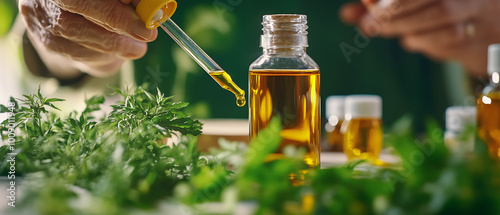 Person using dropper with herbal oil, surrounded by fresh herbs and essential oils. photo