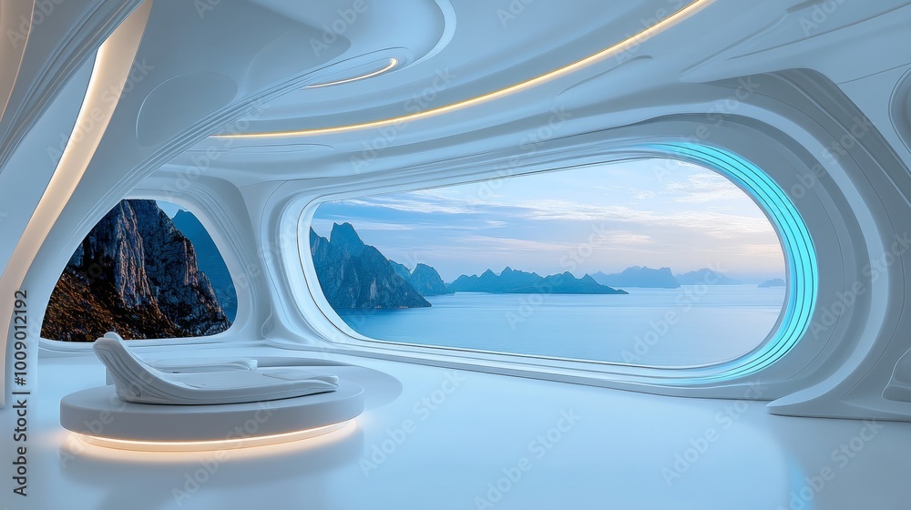 Futuristic Interior Design with Ocean View and Mountain Landscape Futuristic Interior Design with Ocean View and Mountain Landscape