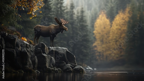 Majestic moose standing on rocky shore by tranquil lake photo