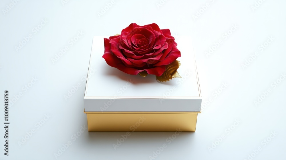 Fototapeta premium Elegant white and gold packaging with a vibrant red rose on top, isolated on white