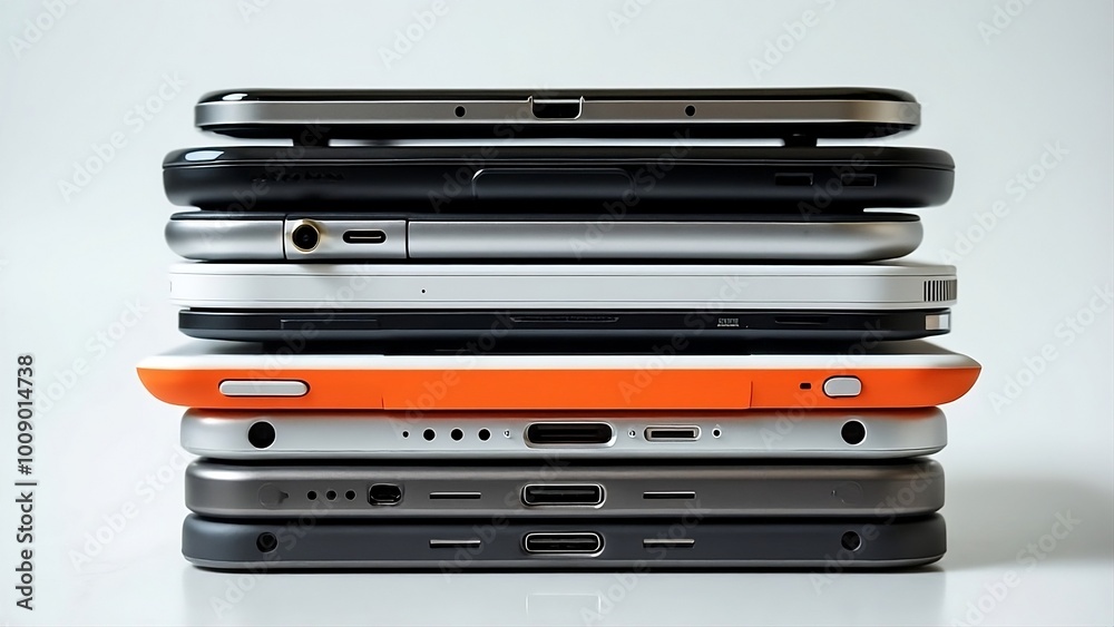 stack of cell phones, Mobile phones are of different sizes and colors, and they are piled on top of each other