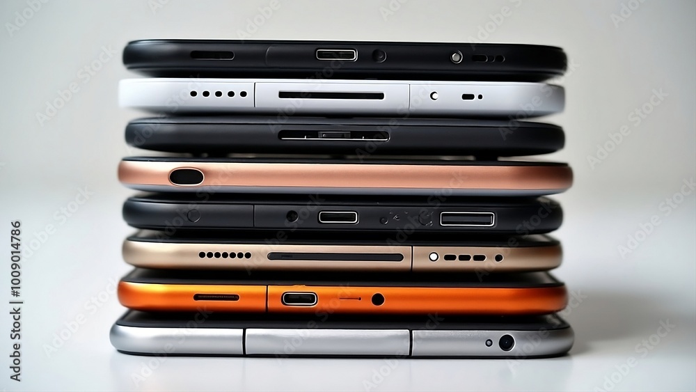 stack of cell phones, Mobile phones are of different sizes and colors, and they are piled on top of each other stack of cell phones, Mobile phones are of different sizes and colors, and they are piled on top of each other