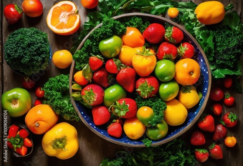 colorful flat lay seasonal fresh produce vibrant bowl variety fruits vegetables, carrots, tomatoes, lettuce, peppers, cucumbers, onions, radishes, squash photo