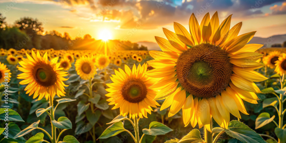 Fototapeta premium Sunflowers basking in warm sunlight, showcasing their bright yellow petals against stunning sunset backdrop. vibrant colors evoke sense of joy and tranquility