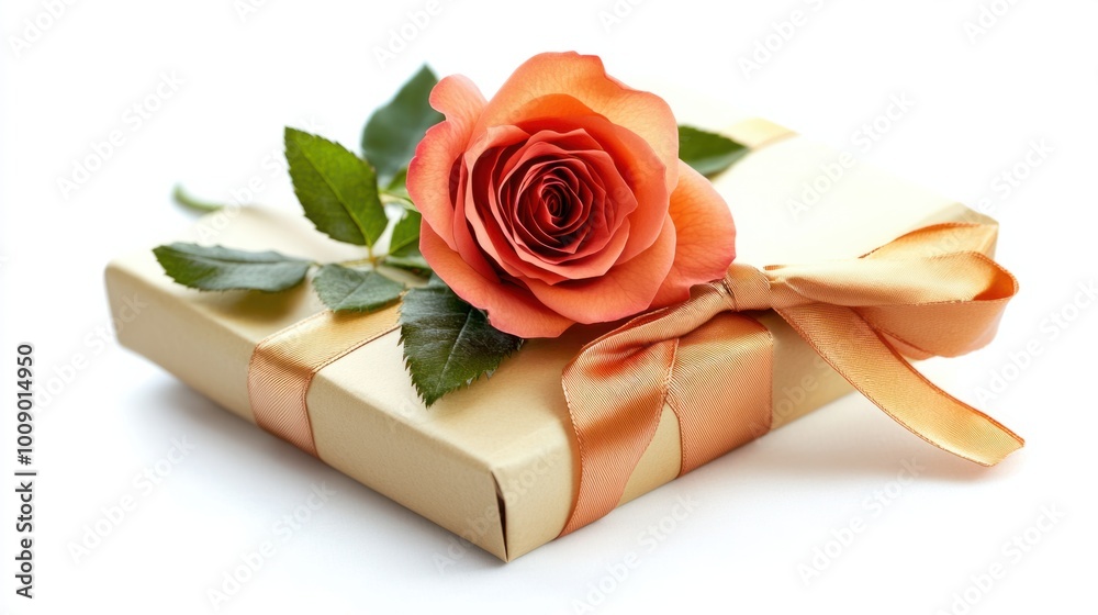 Gift box tied with silk ribbon and adorned with a fresh red rose, isolated on white Gift box tied with silk ribbon and adorned with a fresh red rose, isolated on white