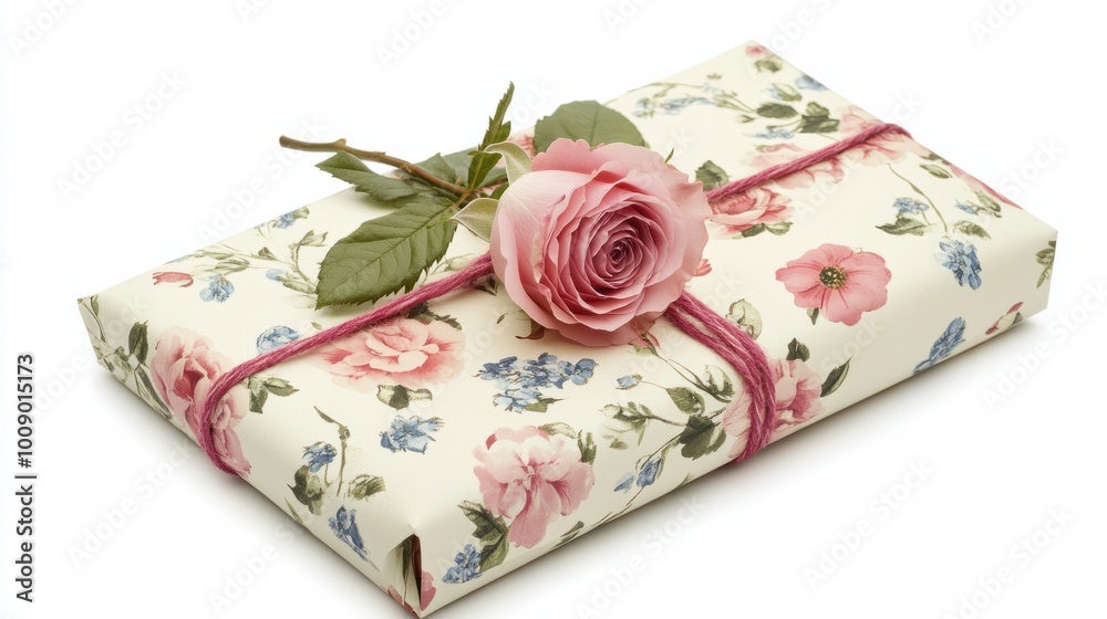 Gift wrapped in floral-patterned paper with a fresh rose attached, isolated on white Gift wrapped in floral-patterned paper with a fresh rose attached, isolated on white