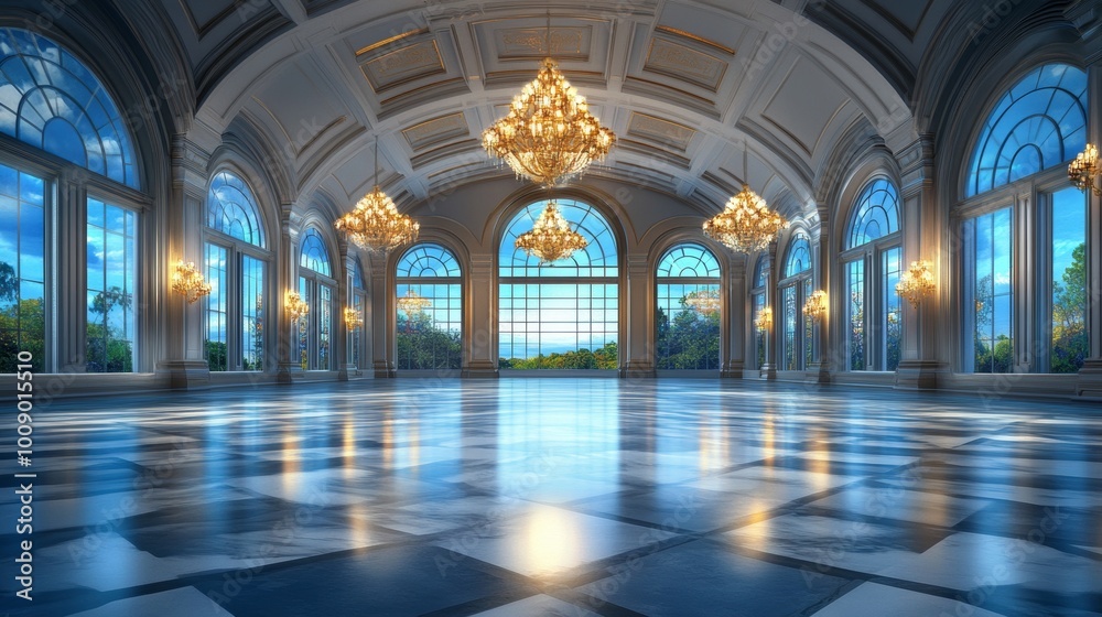 Obraz premium Grand Ballroom Interior Design with Crystal Chandeliers and Windows