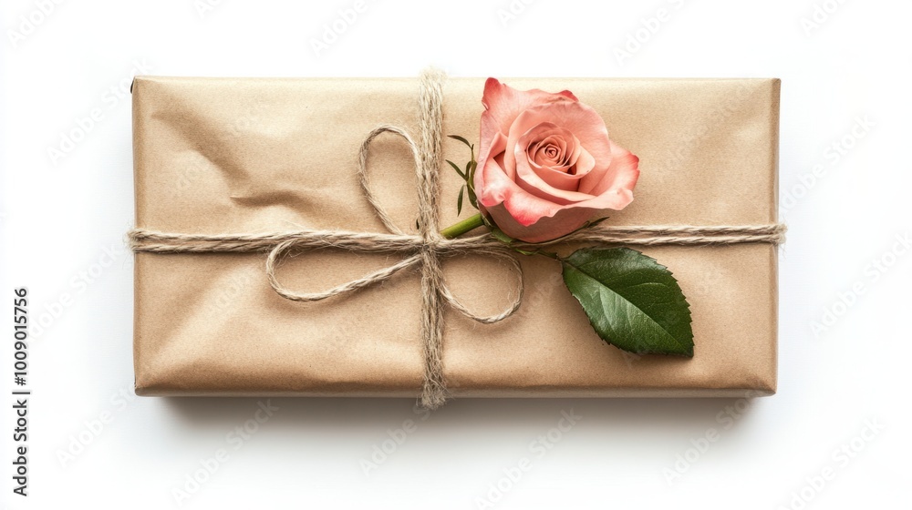Gift wrapped in kraft paper, tied with twine and decorated with a rose, isolated on white Gift wrapped in kraft paper, tied with twine and decorated with a rose, isolated on white