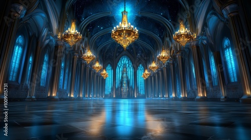 Majestic Palace Hall Interior with Golden Chandeliers and Blue Windows