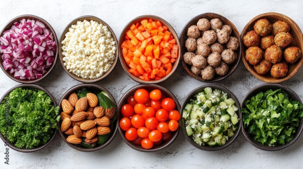 A variety of fresh ingredients arranged in bowls for meal preparation. A variety of fresh ingredients arranged in bowls for meal preparation.