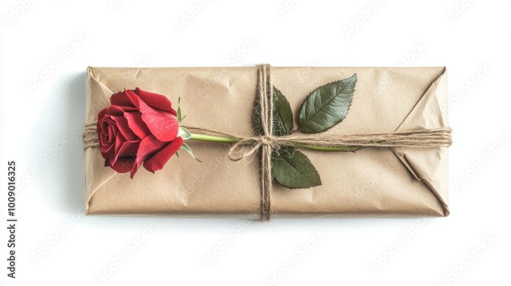 Hand-wrapped kraft paper package tied with twine and a fresh red rose, isolated on white Hand-wrapped kraft paper package tied with twine and a fresh red rose, isolated on white