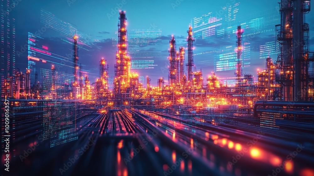 Fototapeta premium Wide banner of oil and gas refinery, storage tanks, and petrochemical factory with hologram HUD displaying price trends and infrastructure data.