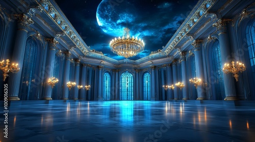 Grand Ballroom Interior with Chandeliers and Moonlit Windows