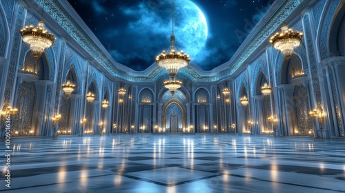 Grand Palace Hall Interior with Chandeliers and Moonlit Sky
