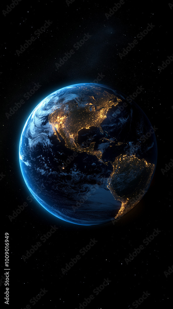 Glowing Earth at Night from Space with Starry Sky Glowing Earth at Night from Space with Starry Sky