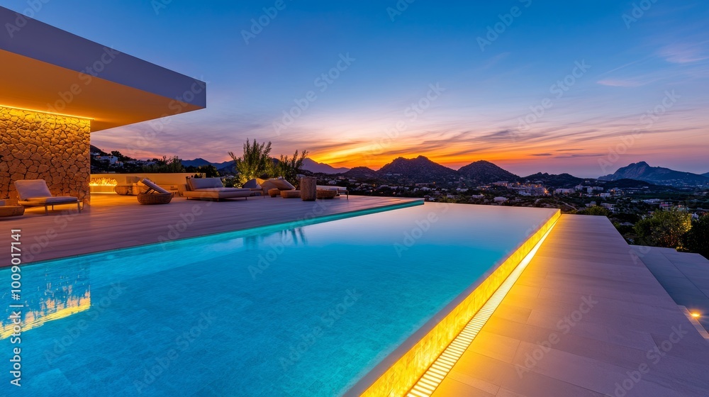 Fototapeta premium Infinity Pool Modern Villa Sunset Luxury Landscape Design
