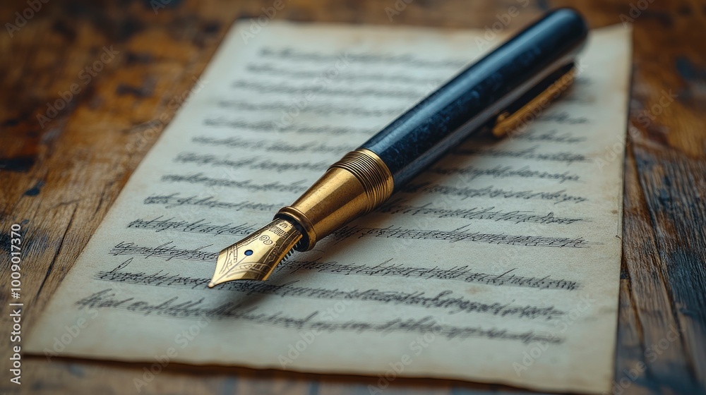 Elegant Fountain Pen on Handwritten Manuscript Elegant Fountain Pen on Handwritten Manuscript