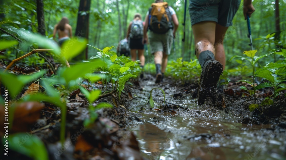 Naklejka premium Capture the camaraderie of a team of volunteers trekking through a lush forest, clearing hiking trails and gathering discarded waste