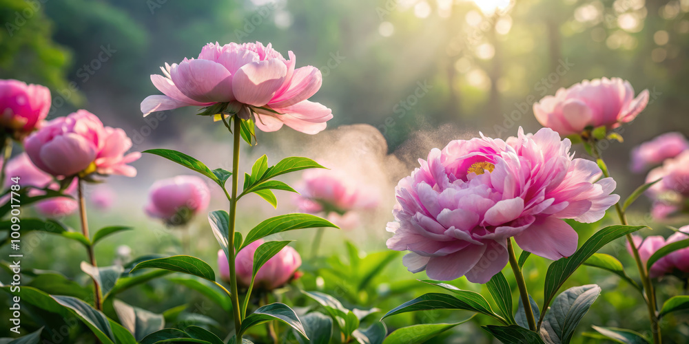 Fototapeta premium serene peony garden in soft focus captures beauty of blooming flowers in misty morning light. gentle atmosphere evokes sense of tranquility and peace