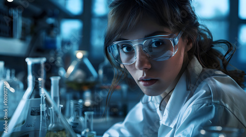 female chemist 40s analytical in a lab with chemical compounds and scientific equipment