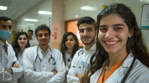 Young medical professionals smiling in hospital corridor