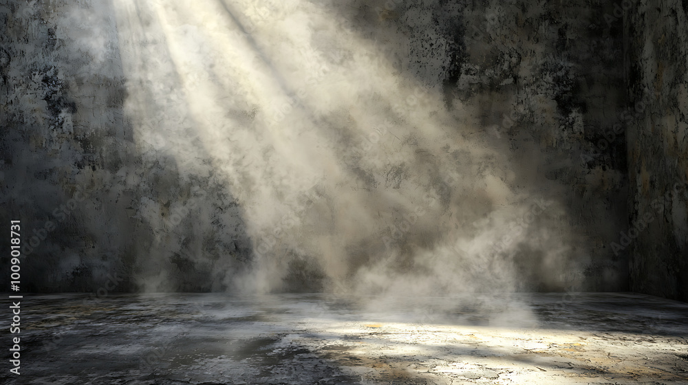 Illustration of a grunge smoke room interior with spotlight background for display product.