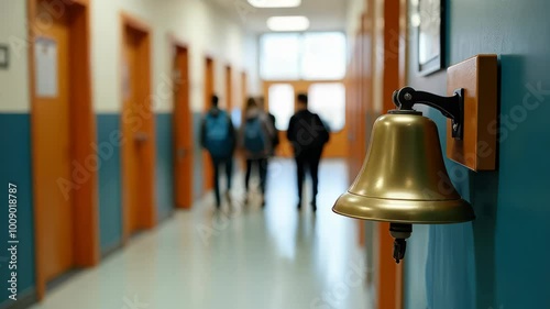 A lively school hallway showcases a classic brass bell, with three students walking past wooden doors. Bright blue and orange walls create a warm, inviting atmosphere, enhanced by natural light.