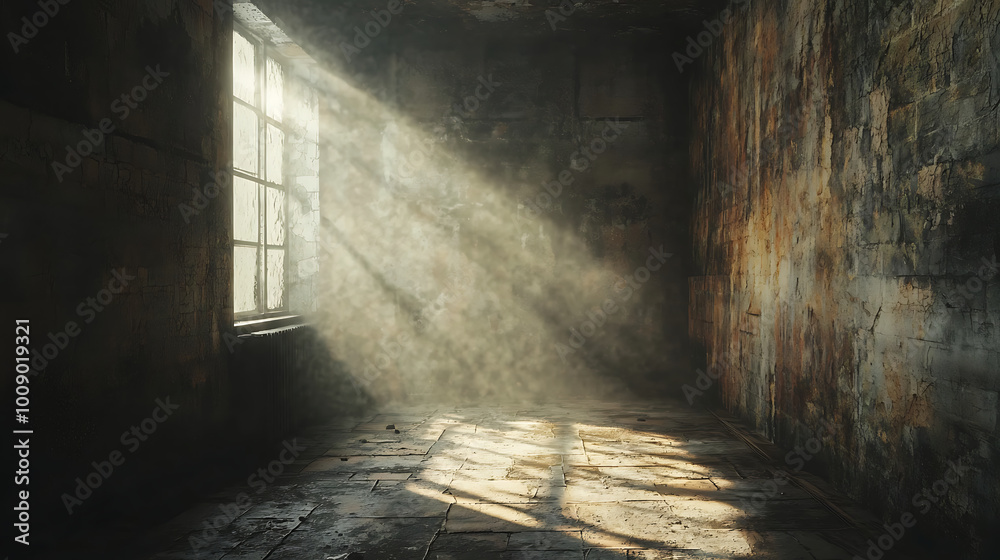 Obraz premium Illustration of a grunge smoke room interior with spotlight background for display product.