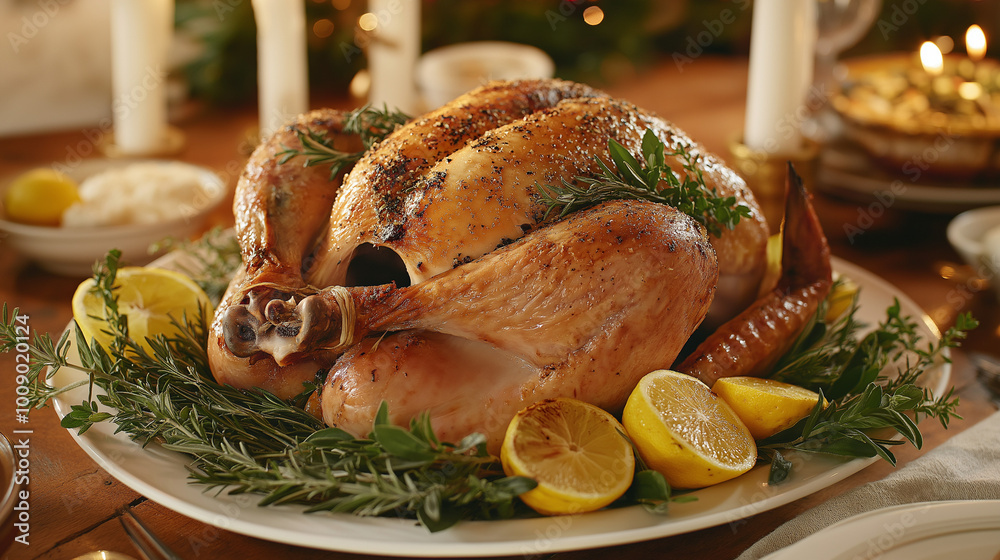 Roasted Thanksgiving turkey with herbs and lemon on festive table Roasted Thanksgiving turkey with herbs and lemon on festive table