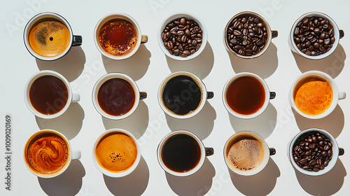 Coffee beans in a cup are placed on a wooden table.