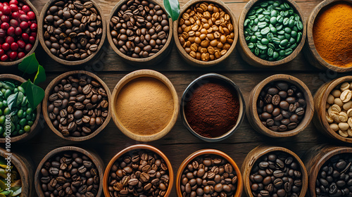 Coffee beans in a cup are placed on a wooden table.