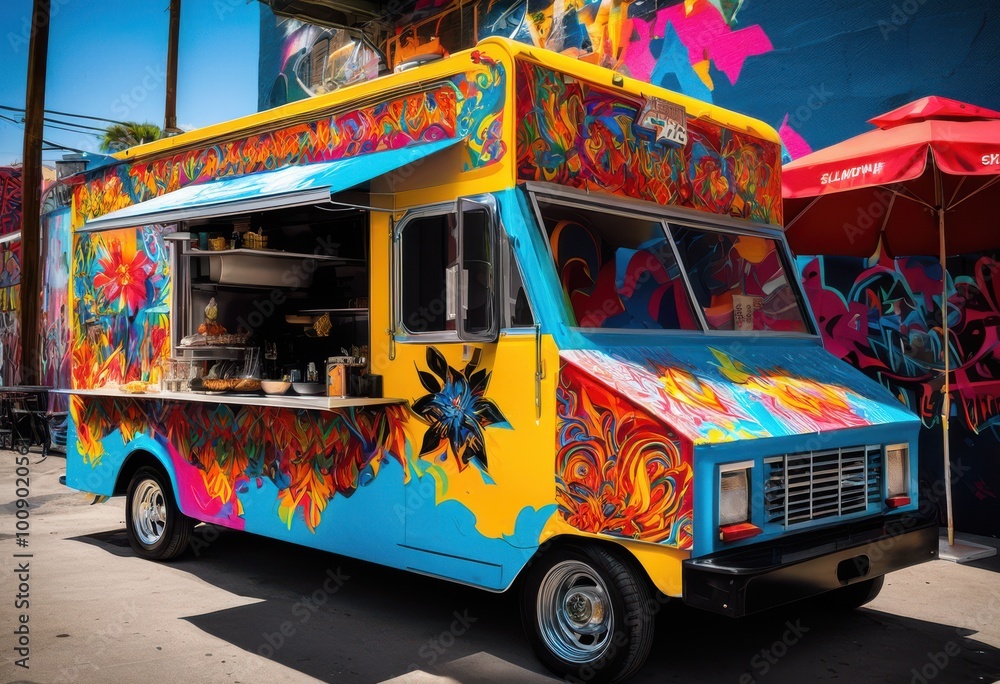 Obraz premium vibrant food truck surrounded colorful street art showcasing bright dynamic street vibes urban environment, mural, graffiti, creative, design, outdoor