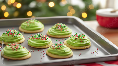 Festive Christmas cookies with green icing and sprinkles on baking tray, holiday baking