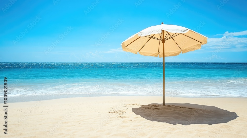 A lone umbrella resting on a sandy beach, providing shade on a sunny day, with the ocean and blue sky in the background. A lone umbrella resting on a sandy beach, providing shade on a sunny day, with the ocean and blue sky in the background.